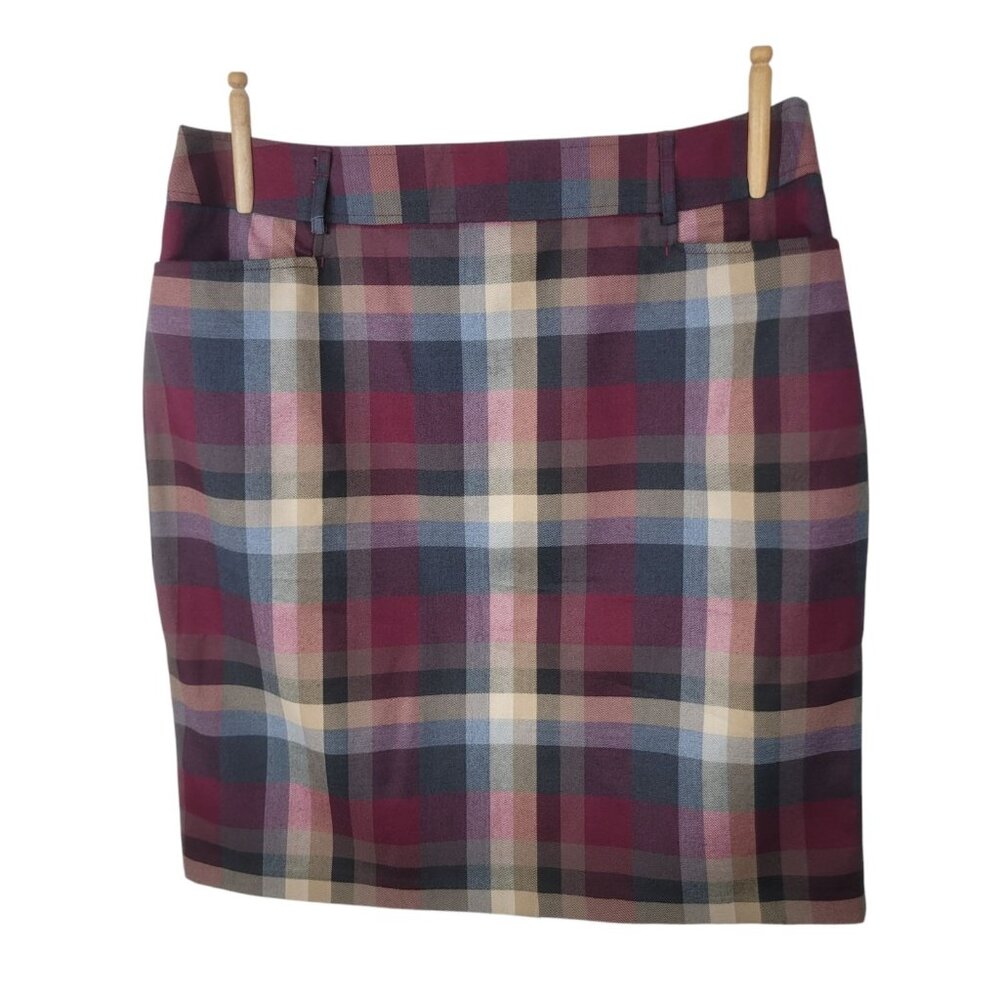 Dressbarn Plaid Pencil Skirt Sz 16 Lined Preppy Pockets Red Grey Tan Tartain
